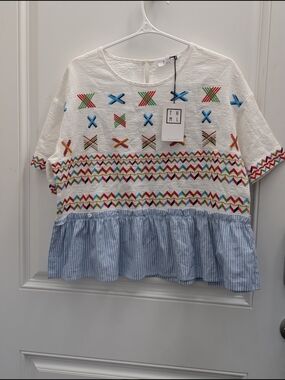 THML Ivory Embroidered Peplum Top with Blue Stripe Ruffle